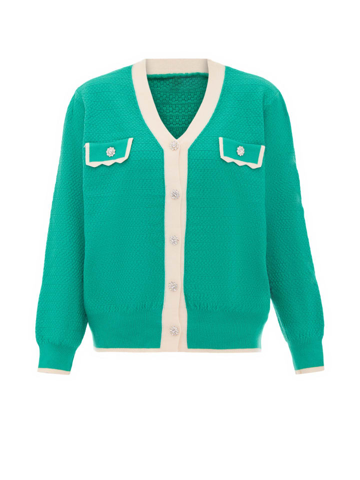 Damen Strickjacke in Grün Wollweiss Stickerei