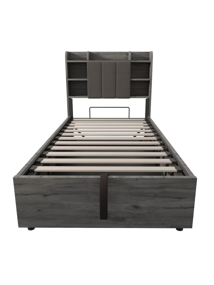 Einzelbett 90 x 200 cm Hydraulisches Bett mit Stauraum USB Tape-C, Grau