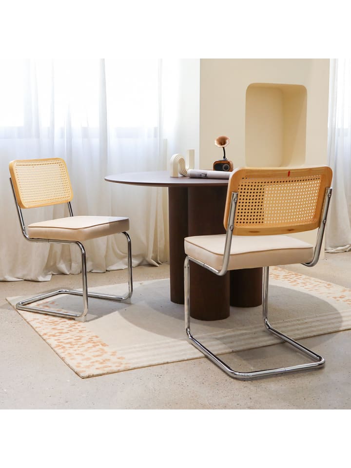 Esszimmerstuhl in Beige Rattan mit Chrombeinen 2er Set Mid Century