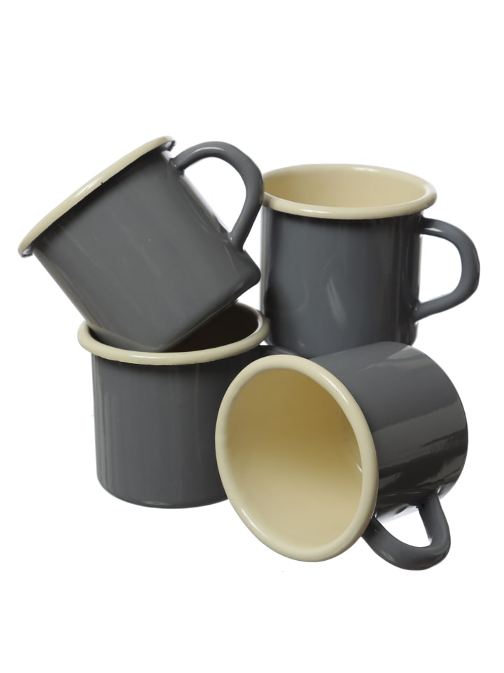 4er Set Krüger Becher Blechbecher 0,35L emailliert D: 8cm grau creme