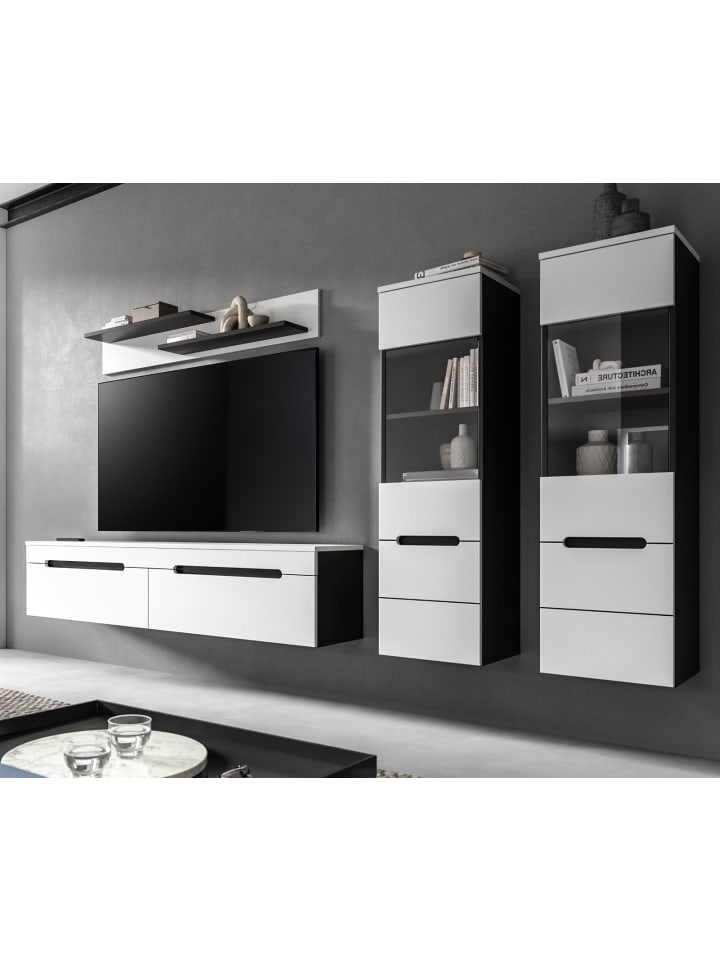 Wohnwand weiß, grau, Wohnkombination 4-teilig hängend / stehend 272 cm