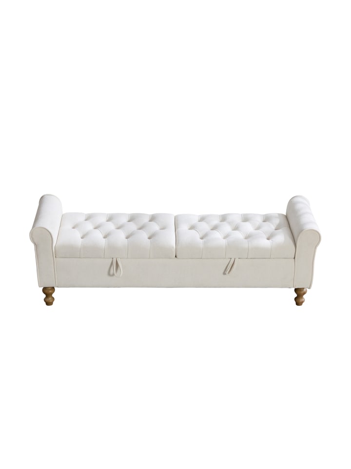 Sitzbank in Beige mit 2 Deckeln Stauraum Velours Armlehnen für Wohnzimmer