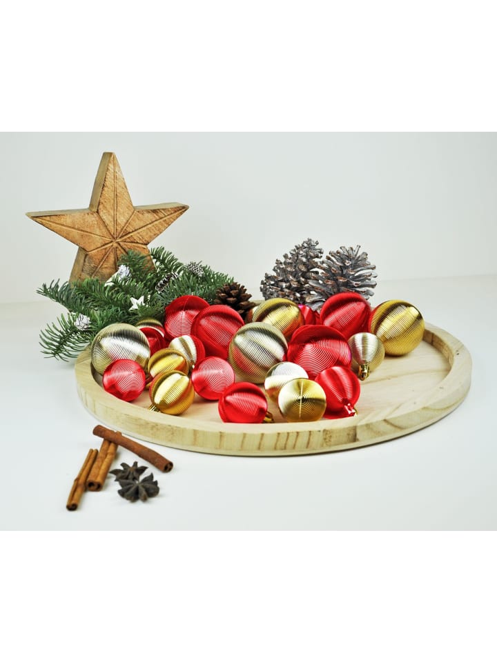 50x Kunststoff Rillen Christbaumkugeln 4 + 6 cm Kugeln in Rot / Gold