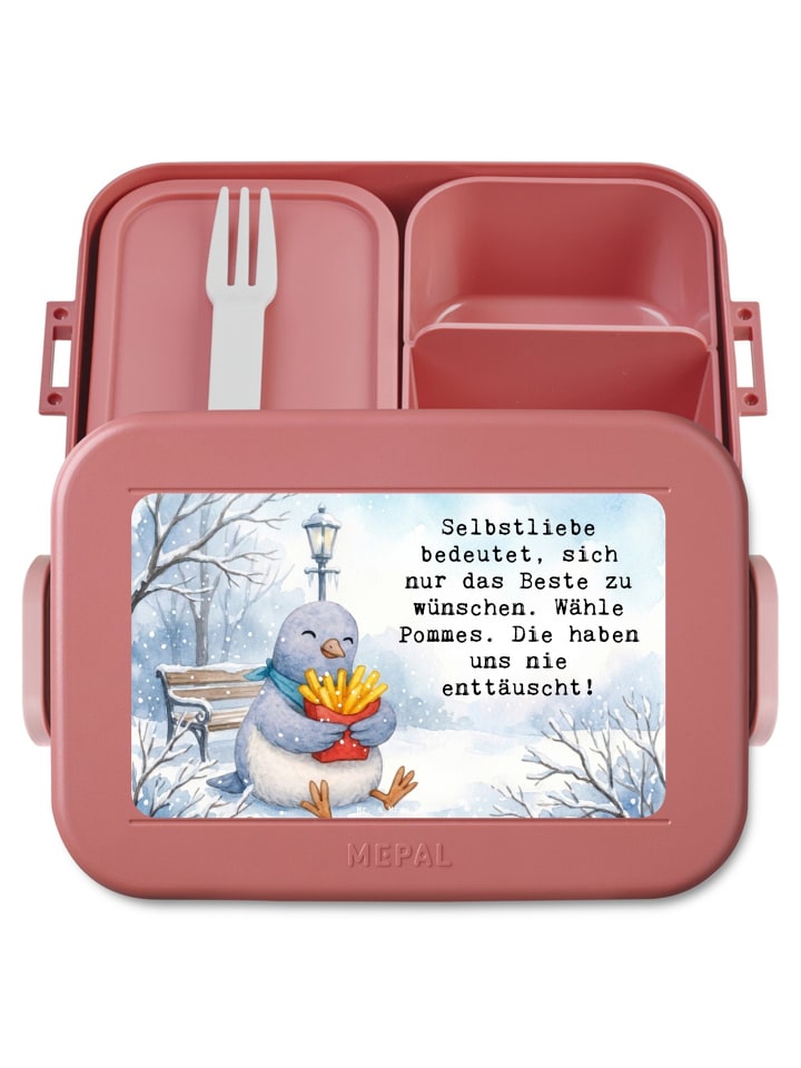 Bento Box Taube Winter Pommes Design mit Spruch in Rot Pastell