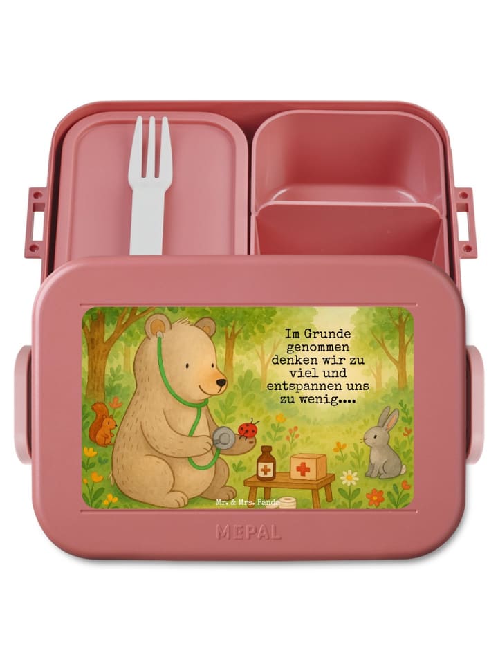 Lunchbox Bär Arzt Design mit Spruch in Rot Pastell