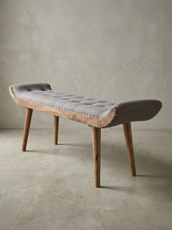 Sitzbank Stoff | 125x51x38cm, Massivholz Grau, Chesterfield
