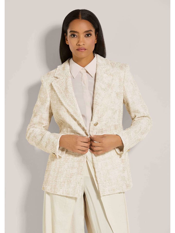 Bouclé-Blazer mit Fransen-Akzenten in perlweiß / goldfarben