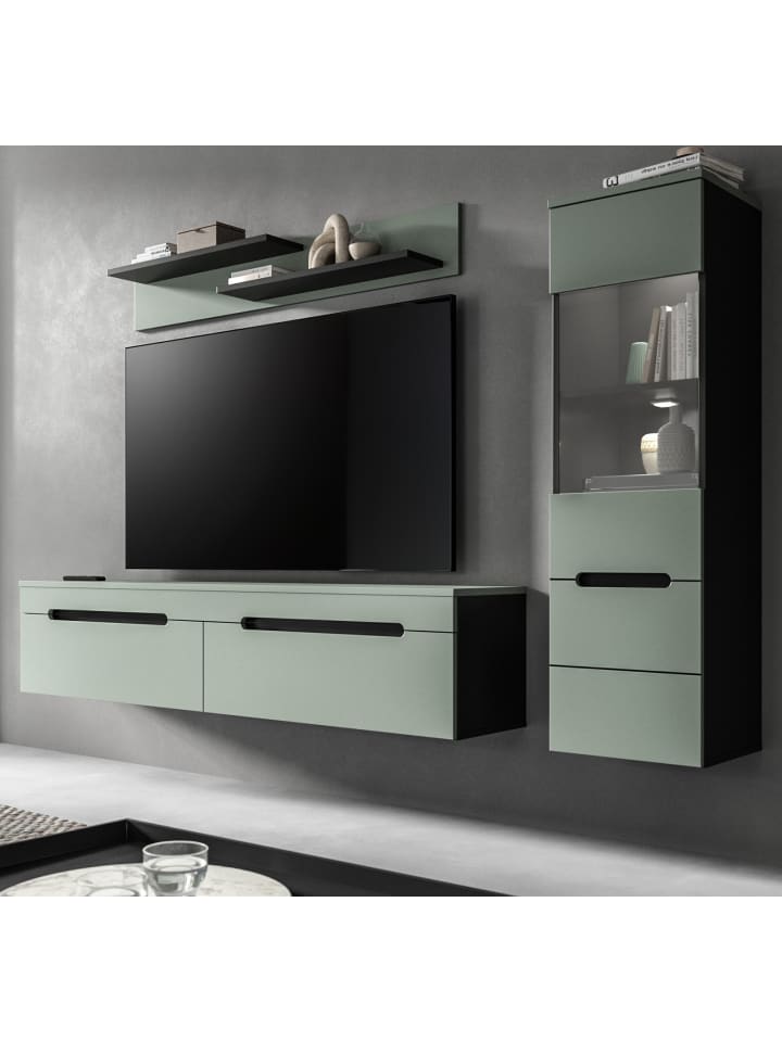 Wohnwand Salbei grün, grau, Kombination 3-teilig 220 cm hängend oder stehend