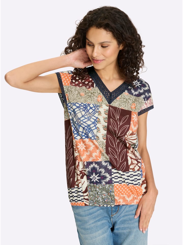 Druck-Shirt in champagner-marine-bedruckt
