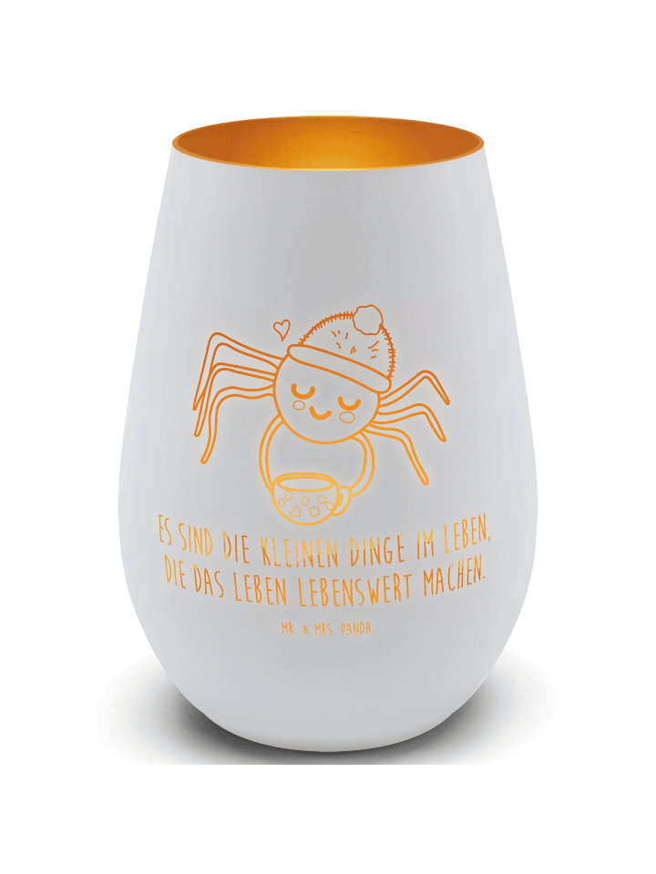 Kerzenhalter Glas Spinne Agathe Kaffee mit Spruch in Weiß