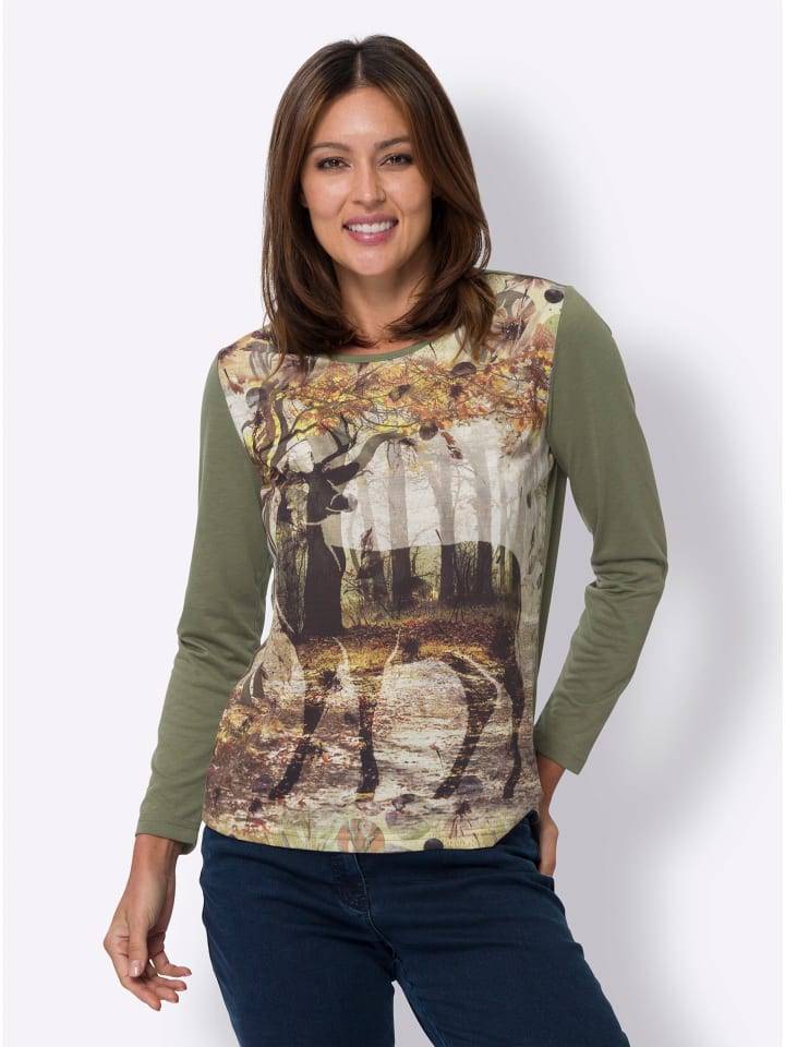 Langarm-Shirt in khaki-bedruckt