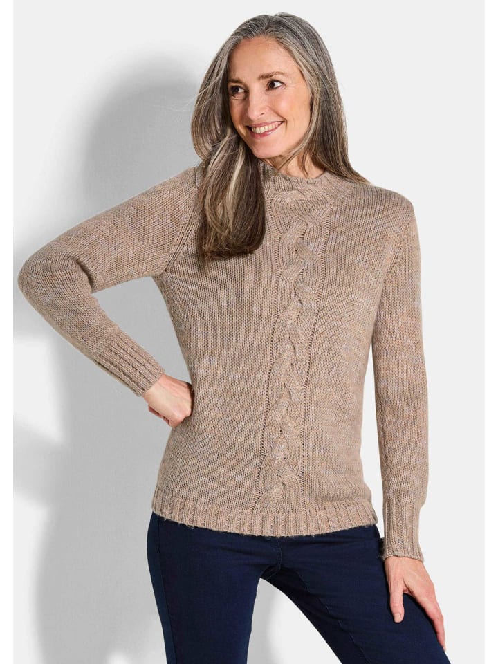 Hüftlanger Langarm Pullover, Zopfstrick in beige / gemustert