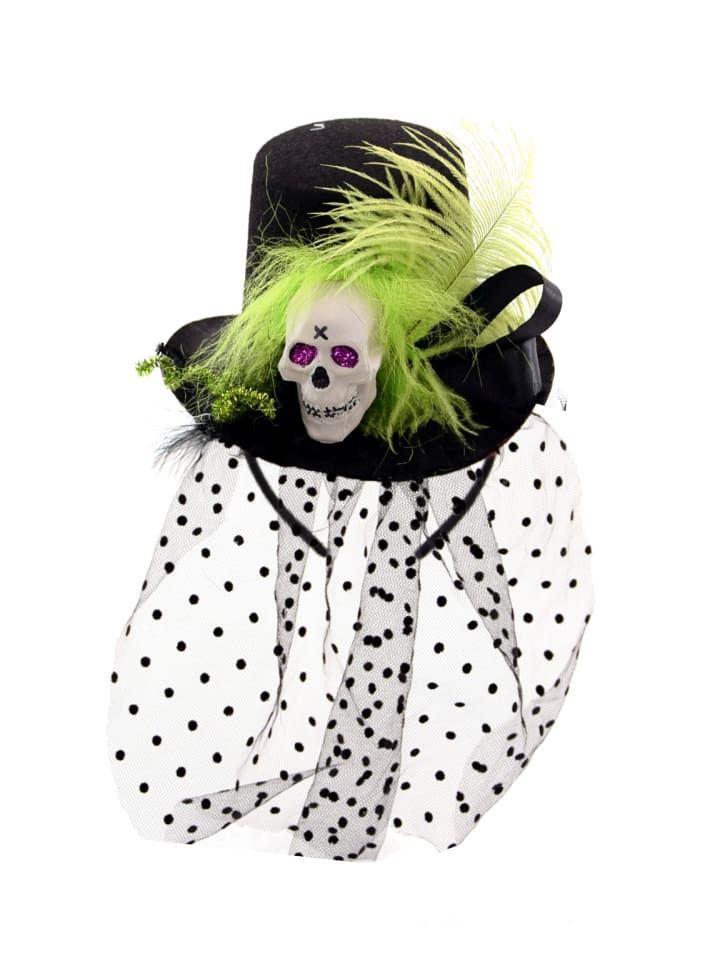 Halloween - Haarreif mit Totenkopfhut & Federn in schwarz