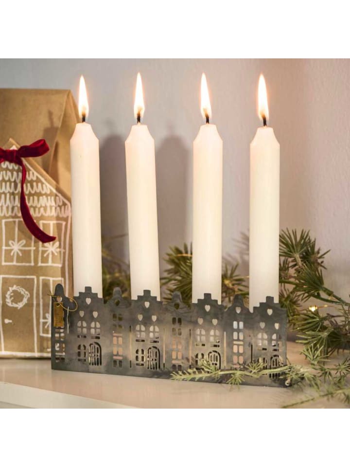 Kerzenhalter HAUSFASSADE Grau für 4 Kerzen 19 cm