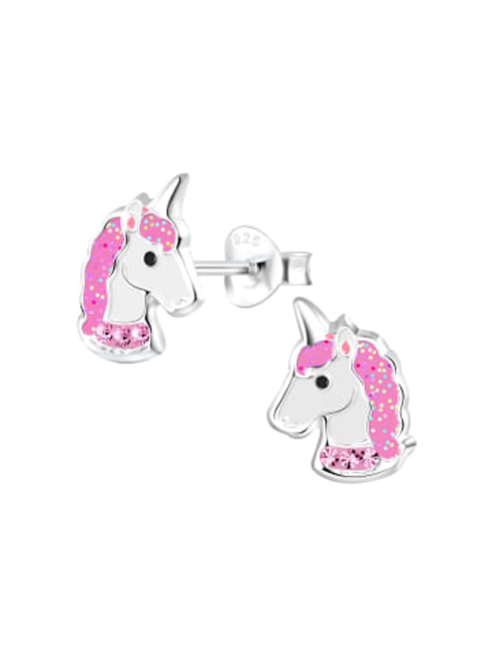 Ohrringe - Ohrstecker EINHORN mit Kristall pink in 925 Silber - 2-tlg.
