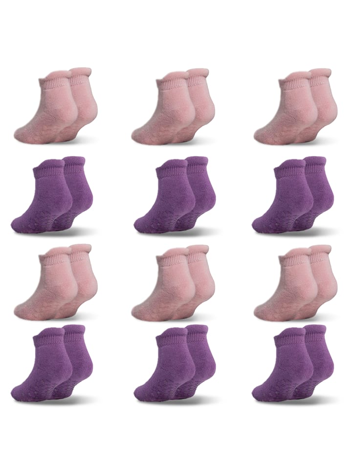 12 Paar rutschfeste Socken, Wildlederoptik, rosa/lila