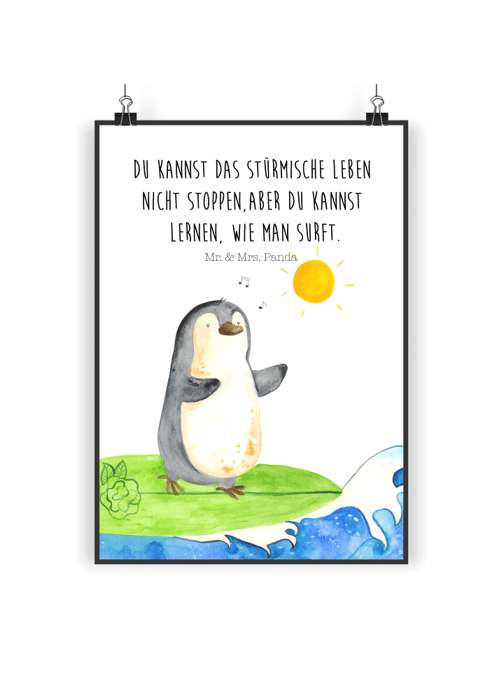 Poster Pinguin Surfer mit Spruch in Weiß