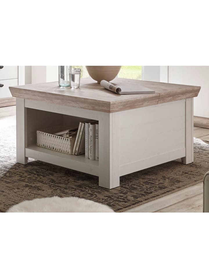 Couchtisch Pinie weiß, Oslo Pinie Landhaus 86 x 86 cm, Tisch mit Stauraum