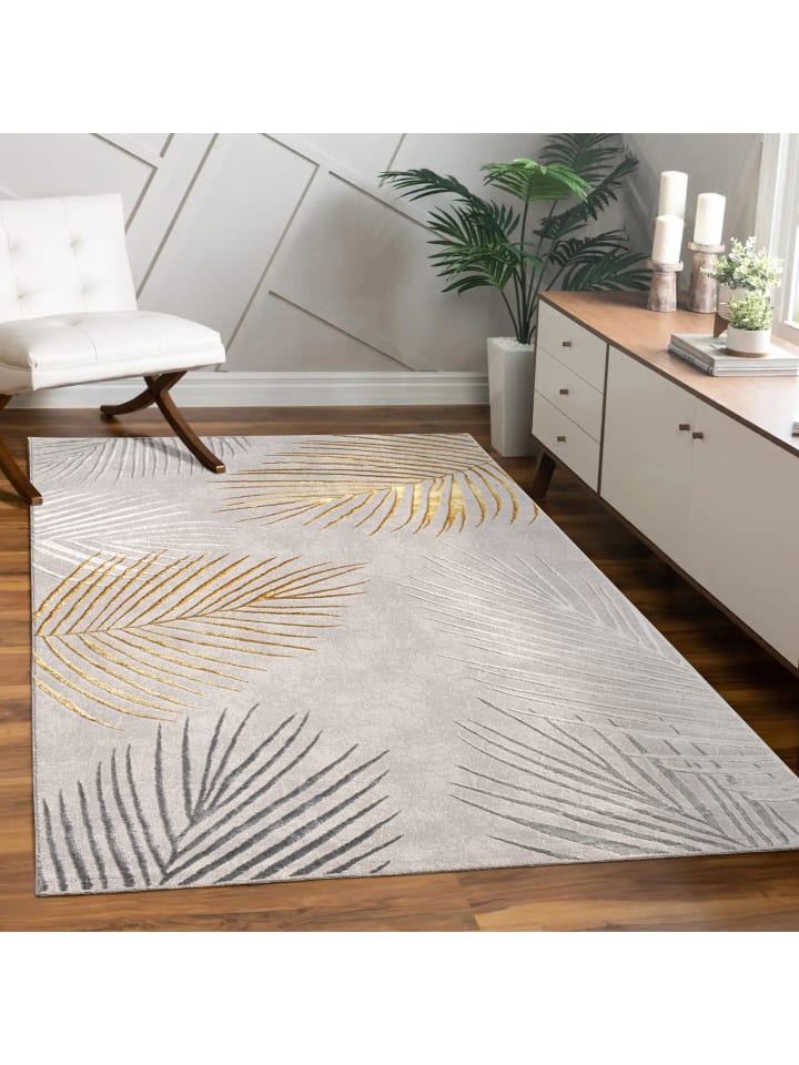 Teppich Kurzflor Blätter Wohnzimmer in Gold