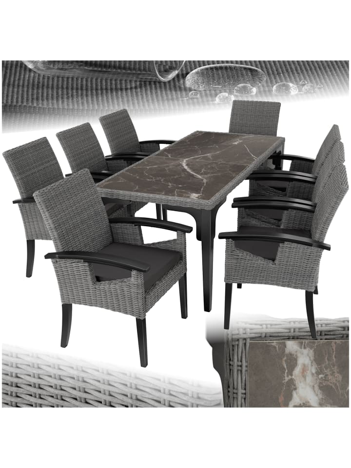 Rattan Tisch mit 8 Stühlen, Armlehnen und Beine aus Holz