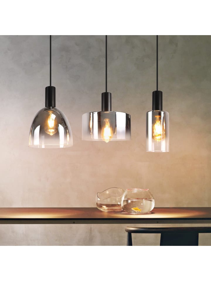 Pendelleuchte in rauchgrau 3-flammige E27 Glas Vintage H 150cm