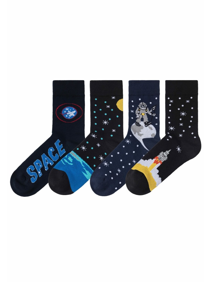 Socken in 2x blau-gemustert, 2x schwarz-gemustert
