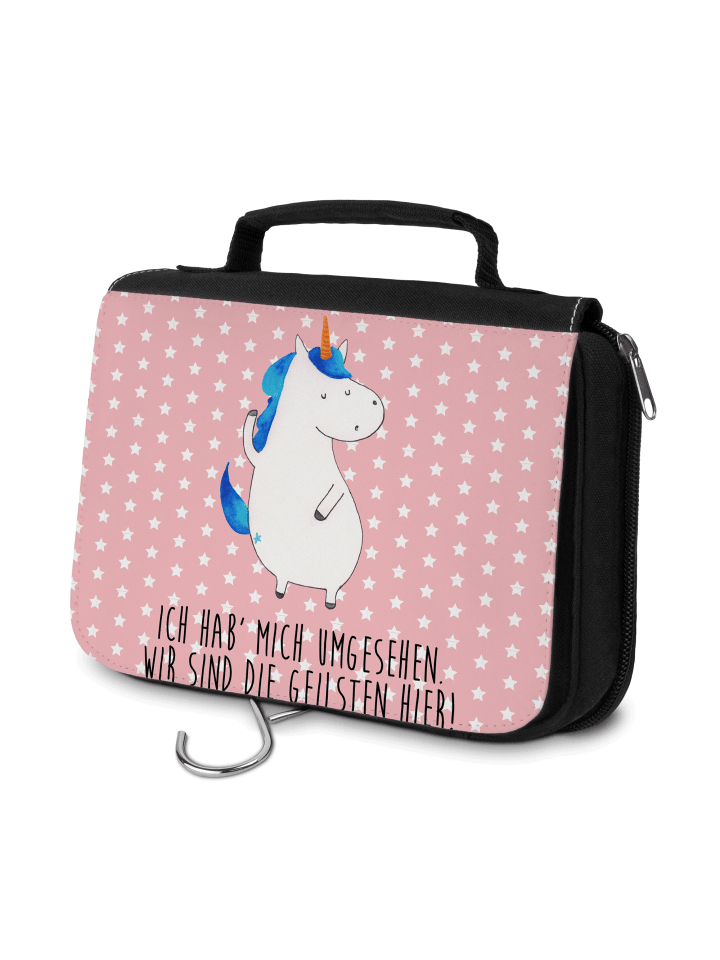 Kulturbeutel Einhorn Mann mit Spruch in Rot Pastell