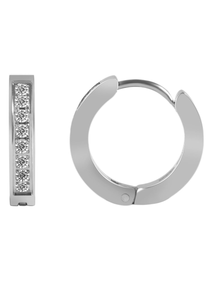 Damen Ohrringe – Klappcreole aus Edelstahl mit Strass Steinchen in silber