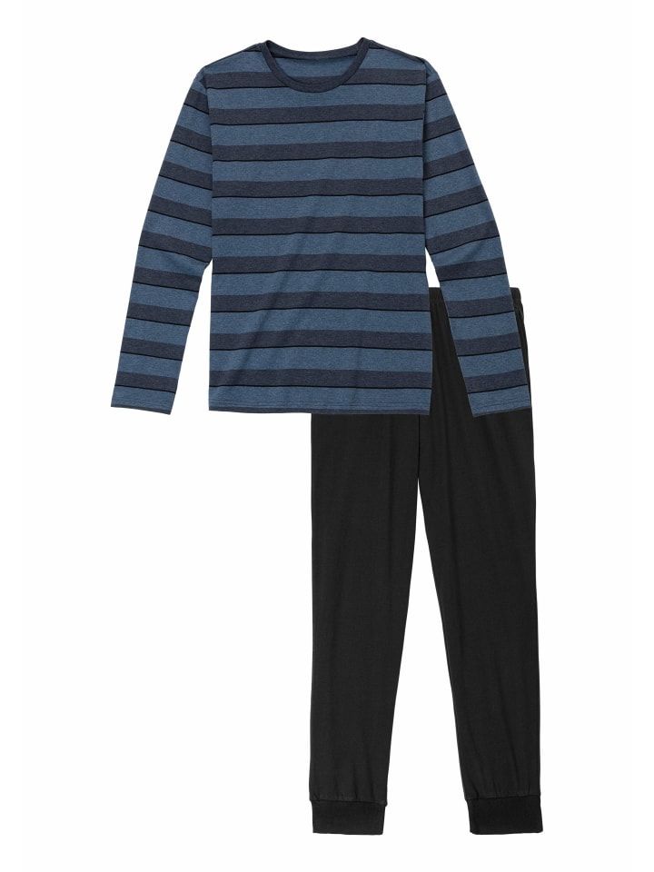 Pyjama in blau-meliert-gestreift, schwarz