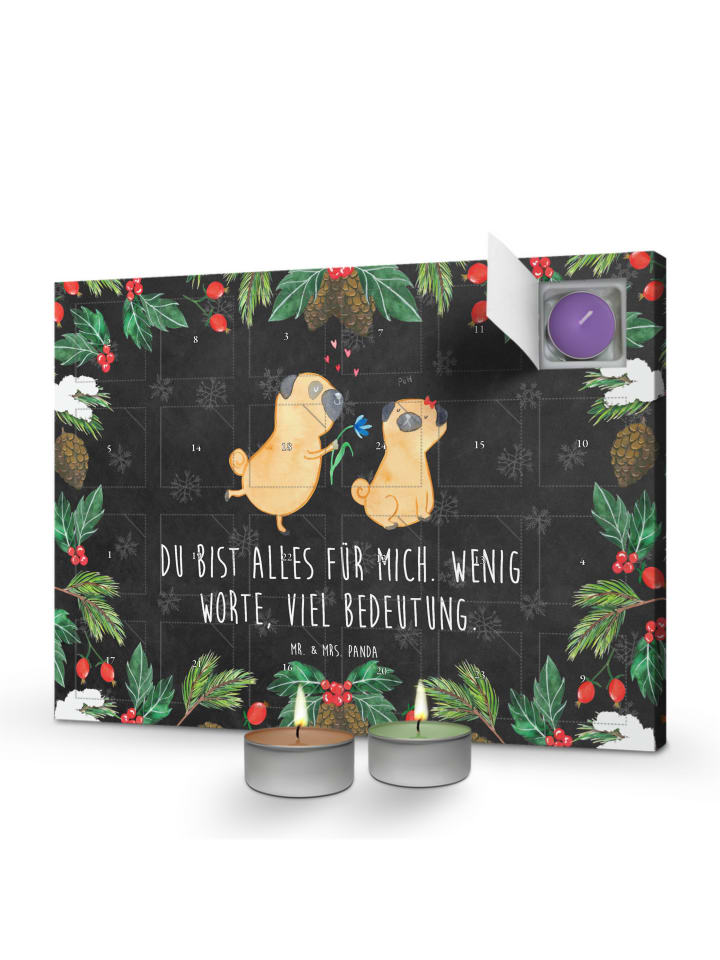 Adventskalender Mops Verliebt mit Spruch in Kreidetafel