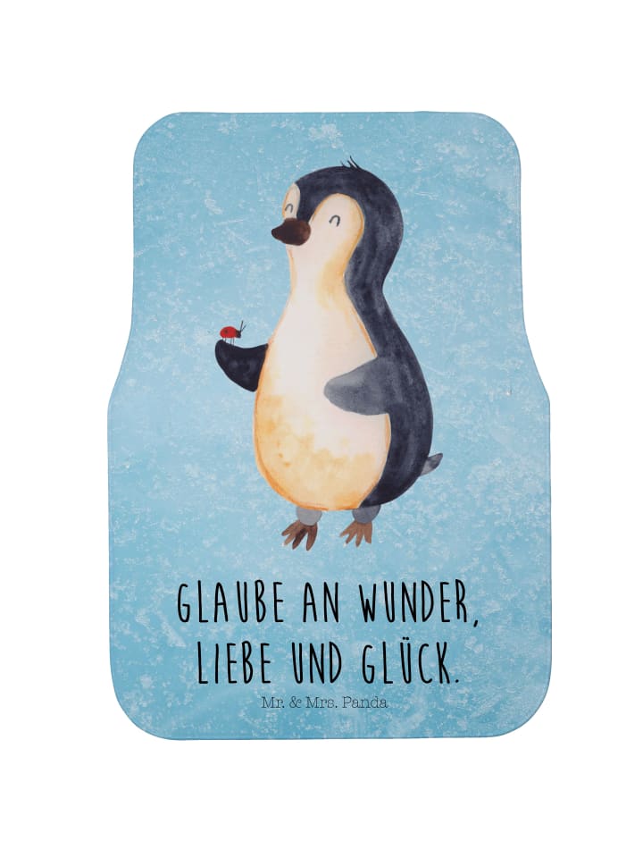Autoteppich Pinguin Marienkäfer mit Spruch in Eisblau