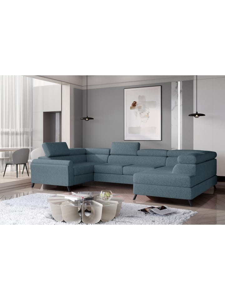 Esco Recamiere Rechts in Blau -  (L) 200 x (B) 336 x (H) 92 cm