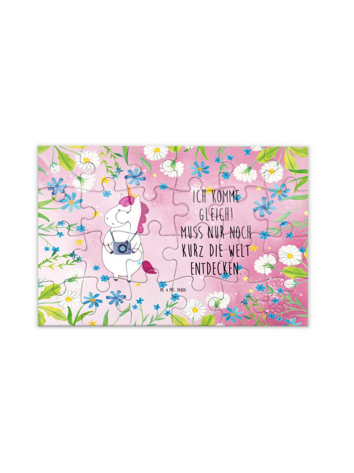 Puzzle Einhorn Fotograf mit Spruch in Rot Pastell