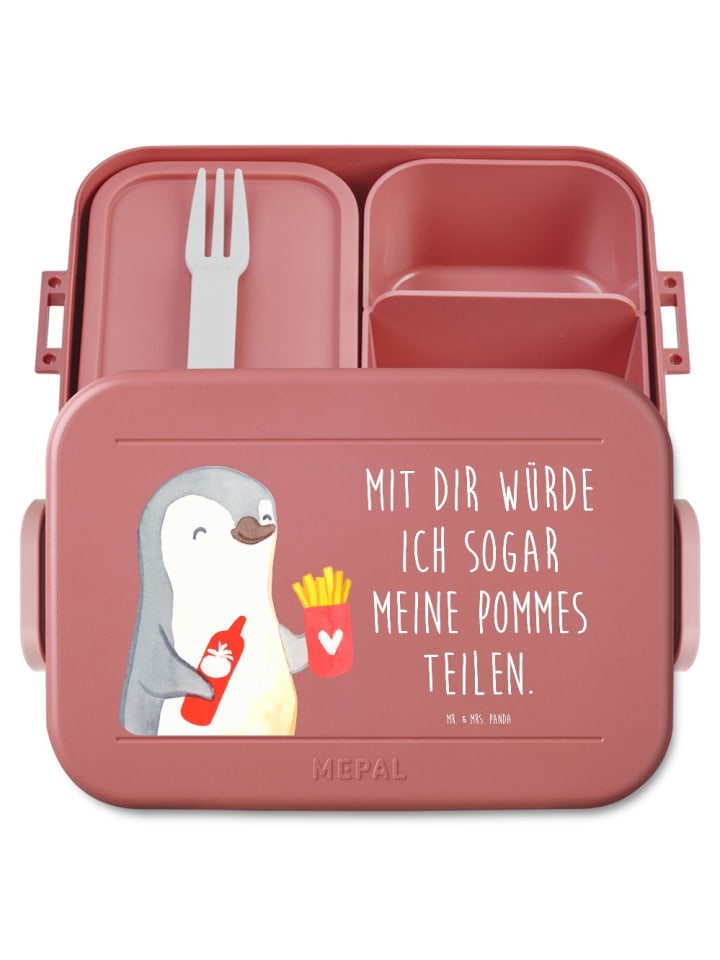 Lunch Box Pinguin Pommes Motiv mit Spruch in Rot Pastell