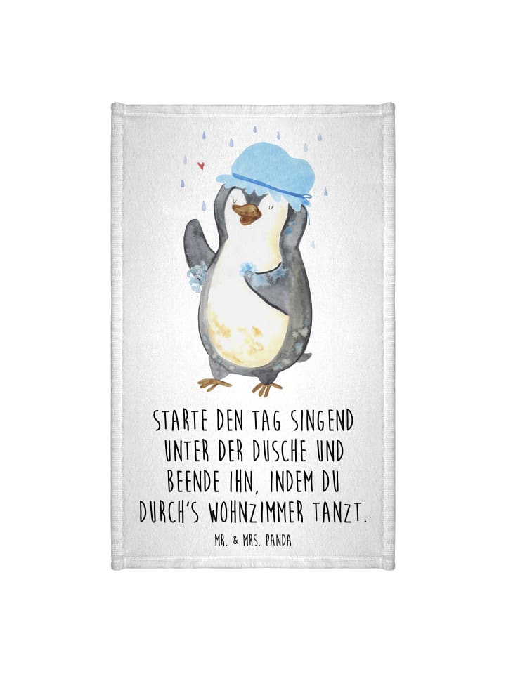 Handtuch Pinguin Duschen mit Spruch in Weiß