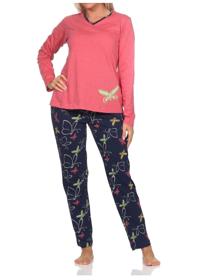 Langarm Schlafanzug Pyjama Schmetterling Motiv - 84759 in rot