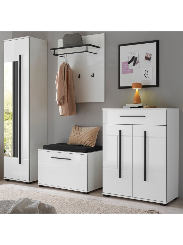 Garderoben-Set weiß Hochglanz 5-teilig 230 cm, Flurgarderobe mit viel Stauraum