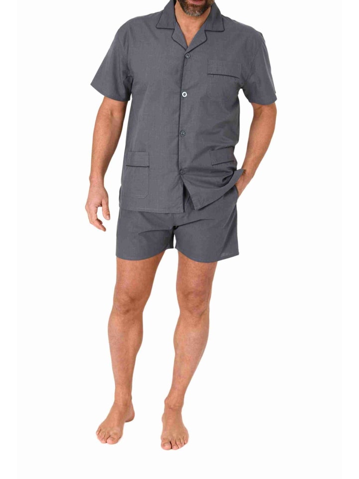 kurzarm Schlafanzug Shorty Pyjama gewebt zum Knöpfen - 80175 in grau