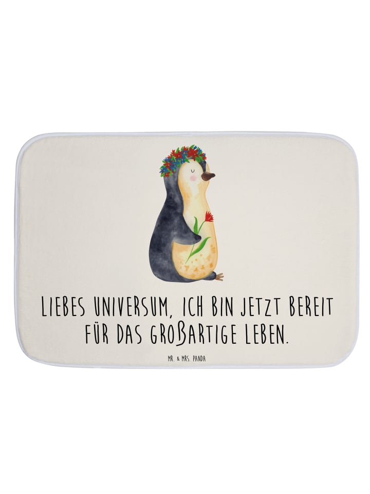 Badeteppich Pinguin Blumen mit Spruch in Weiß