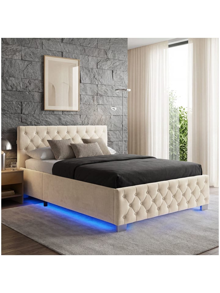 Komfortbett mit LED-Leisten & Stauraum - Samtoptik mit Steppmuster