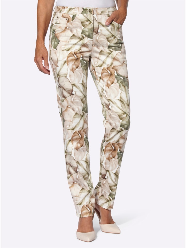 Druck-Hose in ecru-khaki-bedruckt