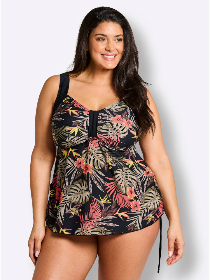 Tankini-Oberteil in schwarz-burgund-bedruckt