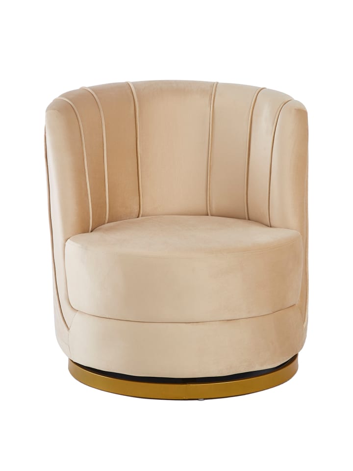 Drehsessel mit 360°-Drehfunktion goldfarbener Sockel und Samtbezug in Beige