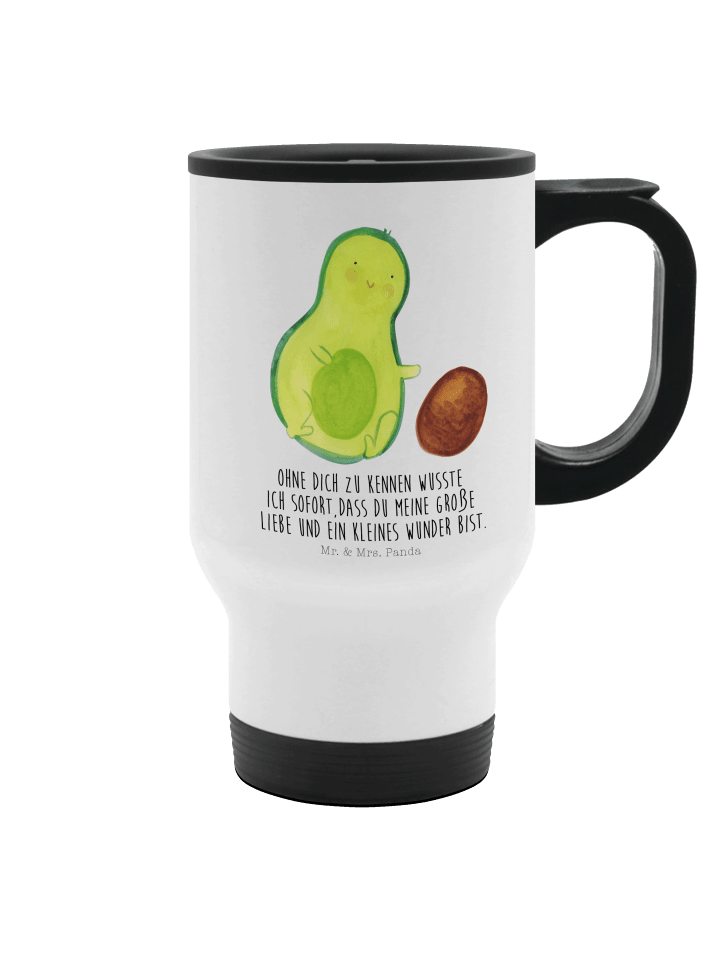 Thermobecher Avocado Kern rollt mit Spruch in Weiß