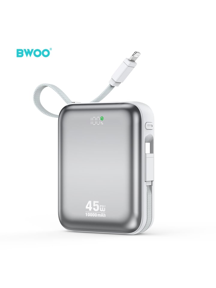 BWOO Powerbank P77 45W, 10000 mAh mit USB-C- und Lightning-Kabel, grau