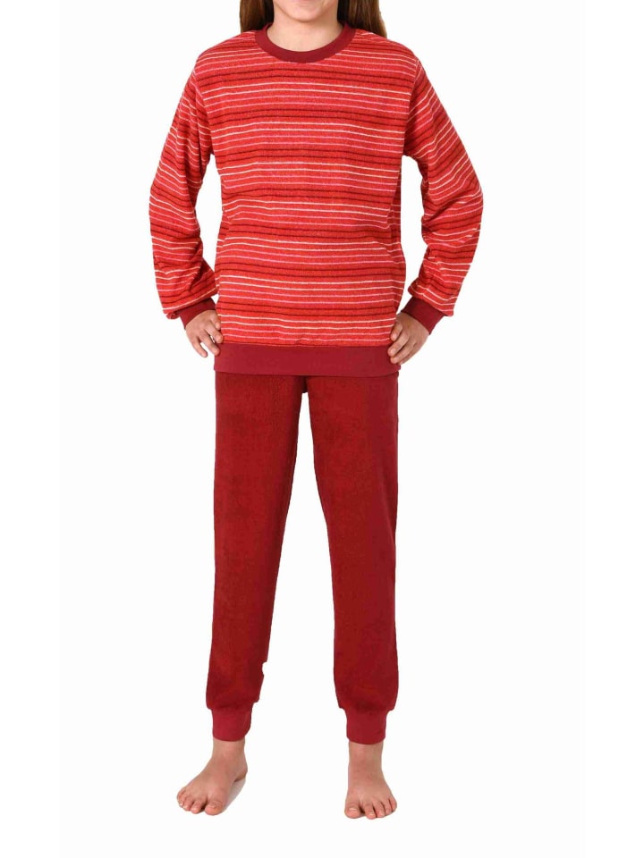 langarm Frottee Schlafanzug Pyjama Bündchen Streifen - 77445 in rot