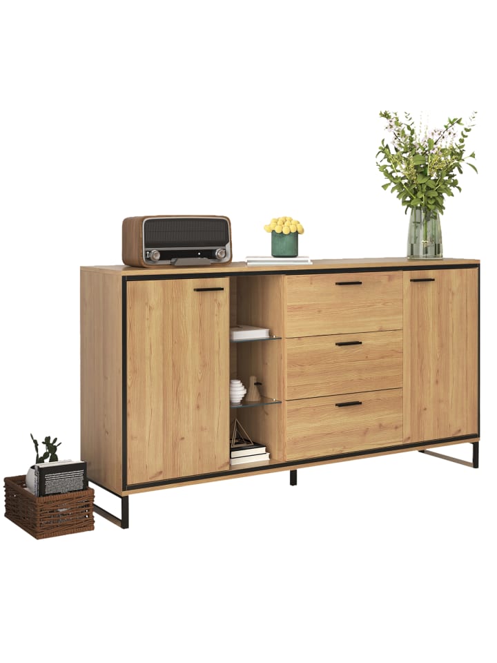 Sideboard in Eiche mit LED Beleuchtung und Glastrennwänden 160x40 cm