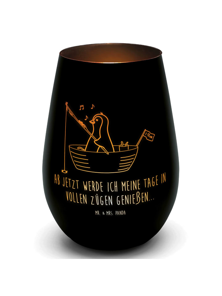 Windlicht Glas Pinguin Angelboot mit Spruch in Schwarz