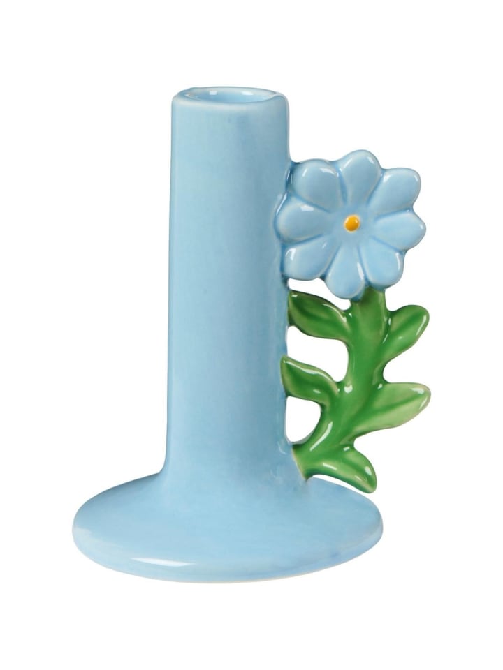 Keramik Kerzenhalter Retro mit Blumen-Detail in hellblau