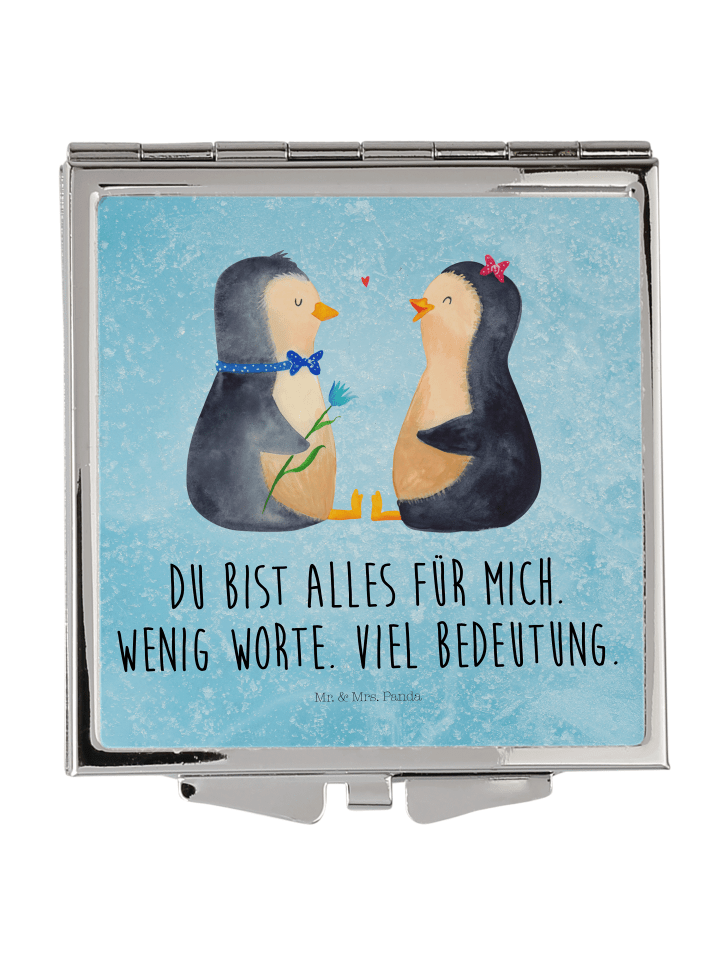 Handspiegel Pinguin Pärchen mit Spruch in Eisblau